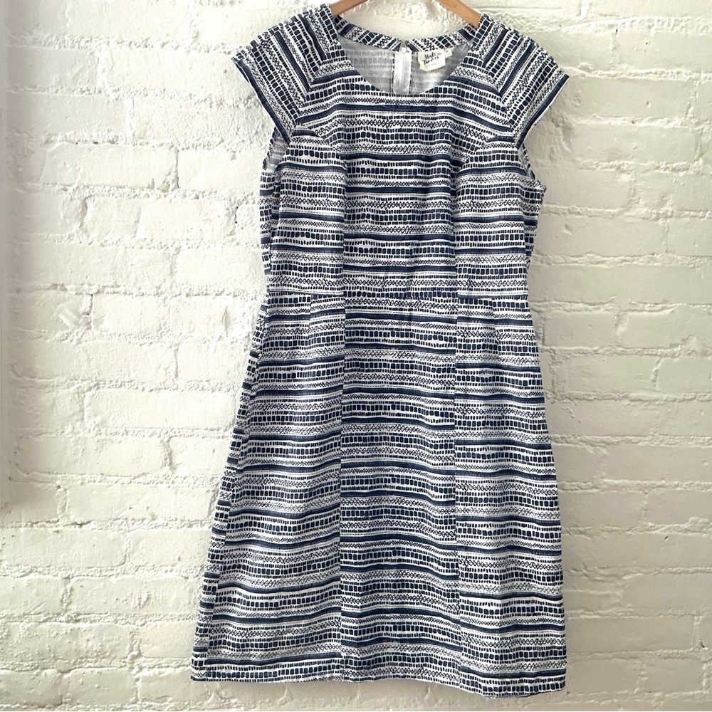 Mata Traders Sienna Blue White Geometric Cap Sleeve A-Line Dress Boho Chic M